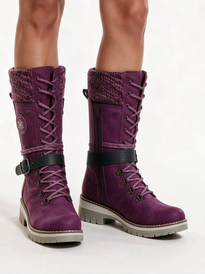 Kerstin - Women's Knit Cuff Lace Up Buckle Boots - Plum