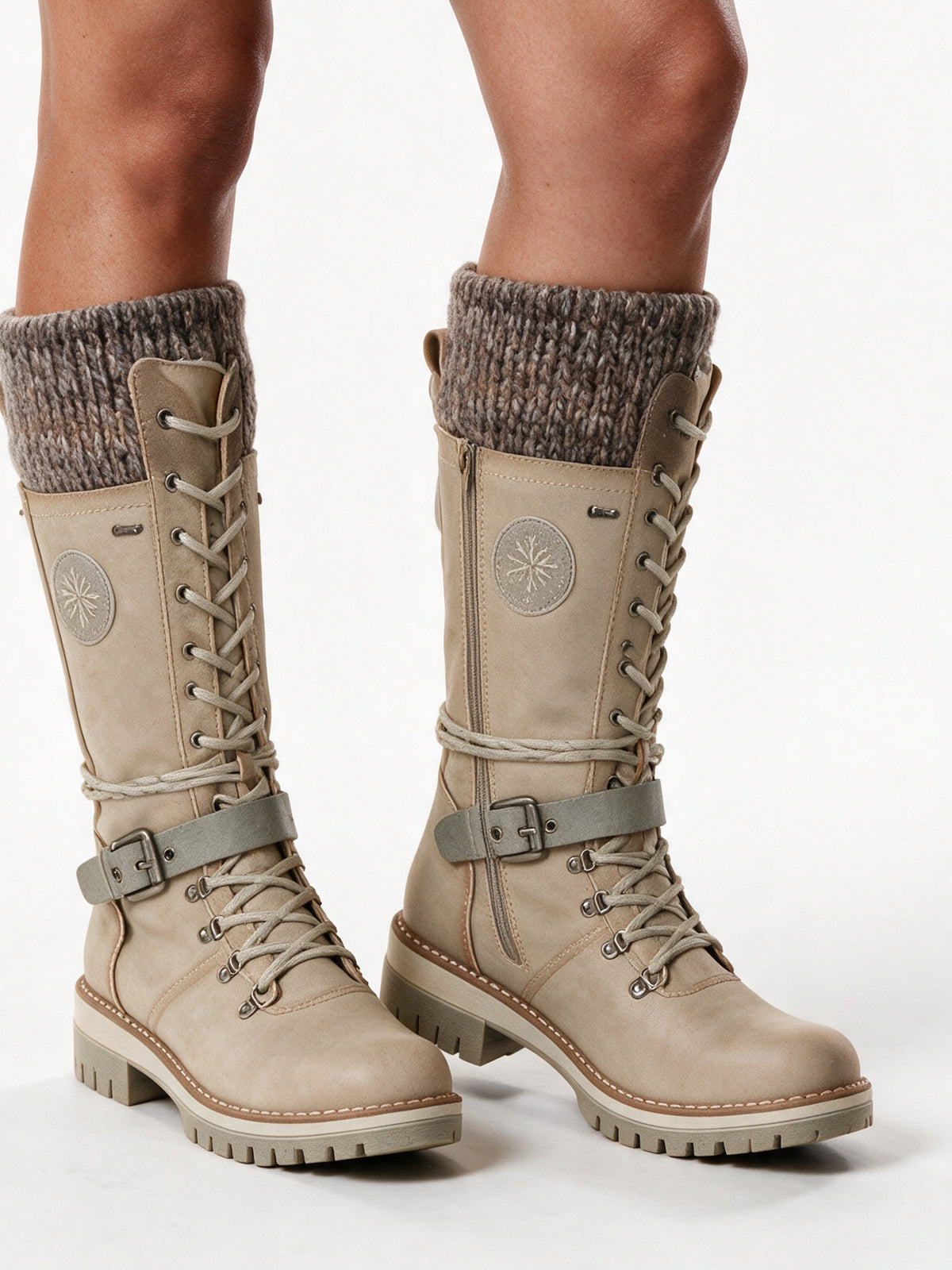 Kerstin - Women's Knit Cuff Lace Up Buckle Boots - Stone