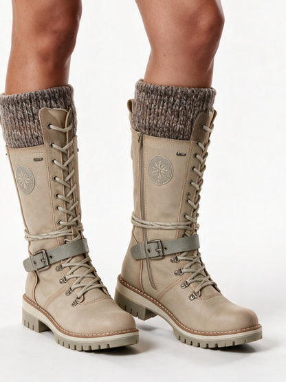 Kerstin - Women's Knit Cuff Lace Up Buckle Boots - Stone