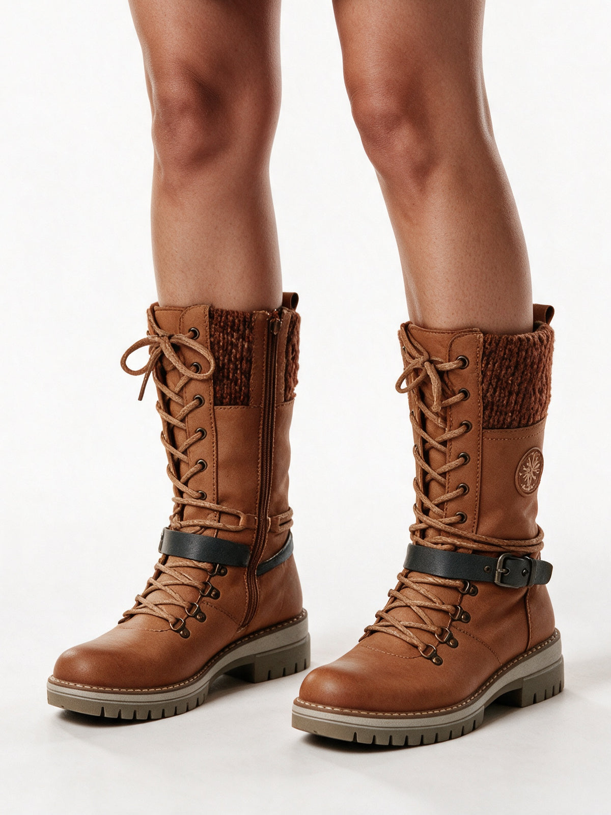 Kerstin - Women's Knit Cuff Lace Up Buckle Boots - Tan