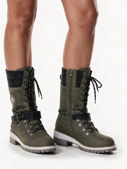 Kerstin - Women's Knit Cuff Lace Up Buckle Boots - view 1