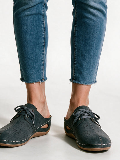 Kiara - Women's Lace Up Backless Wedge Shoes - Dark Gray