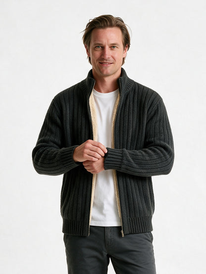 Lachlan - Men's Ribbed Full Zip Cardigan with Stand Collar - Charcoal