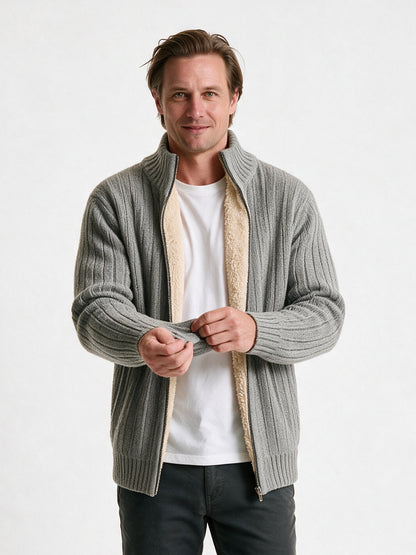Lachlan - Men's Ribbed Full Zip Cardigan with Stand Collar - Grey