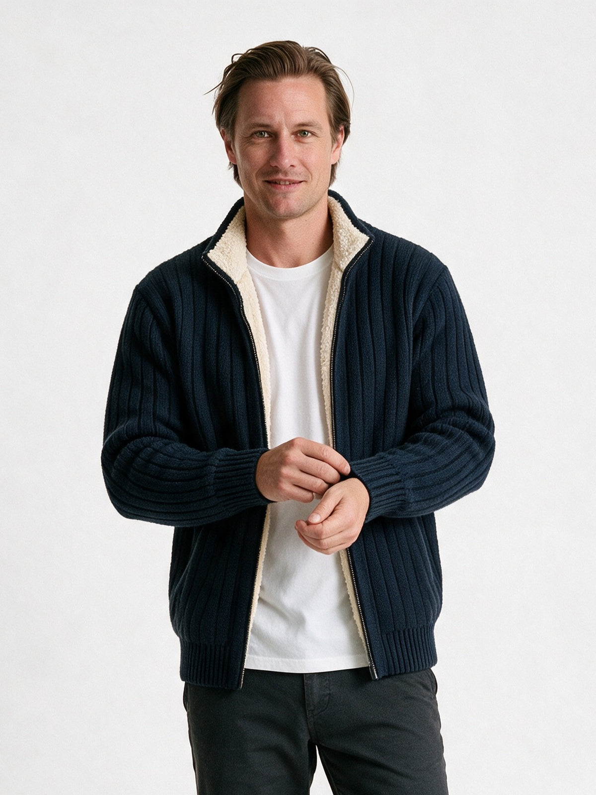Lachlan - Men's Ribbed Full Zip Cardigan with Stand Collar - Navy