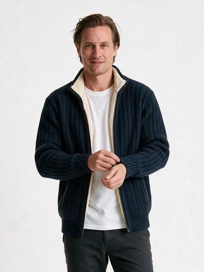 Lachlan - Men's Ribbed Full Zip Cardigan with Stand Collar - Navy