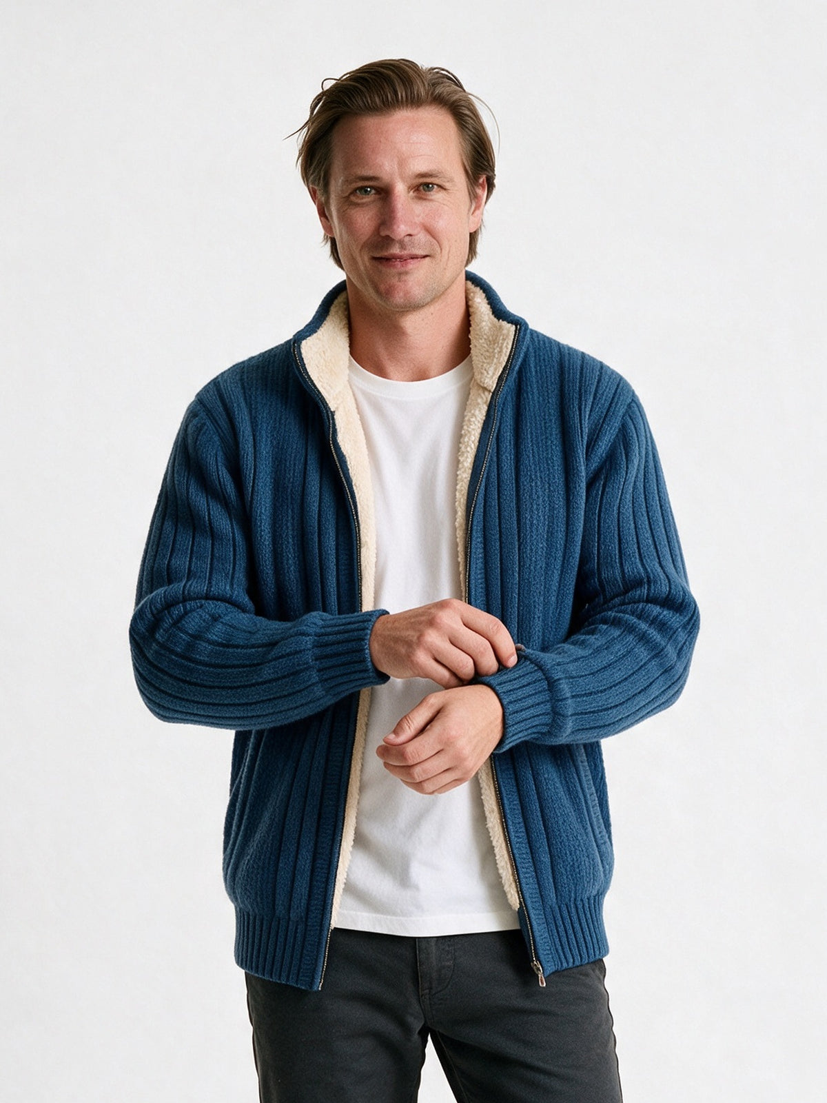 Lachlan - Men's Ribbed Full Zip Cardigan with Stand Collar - view 1