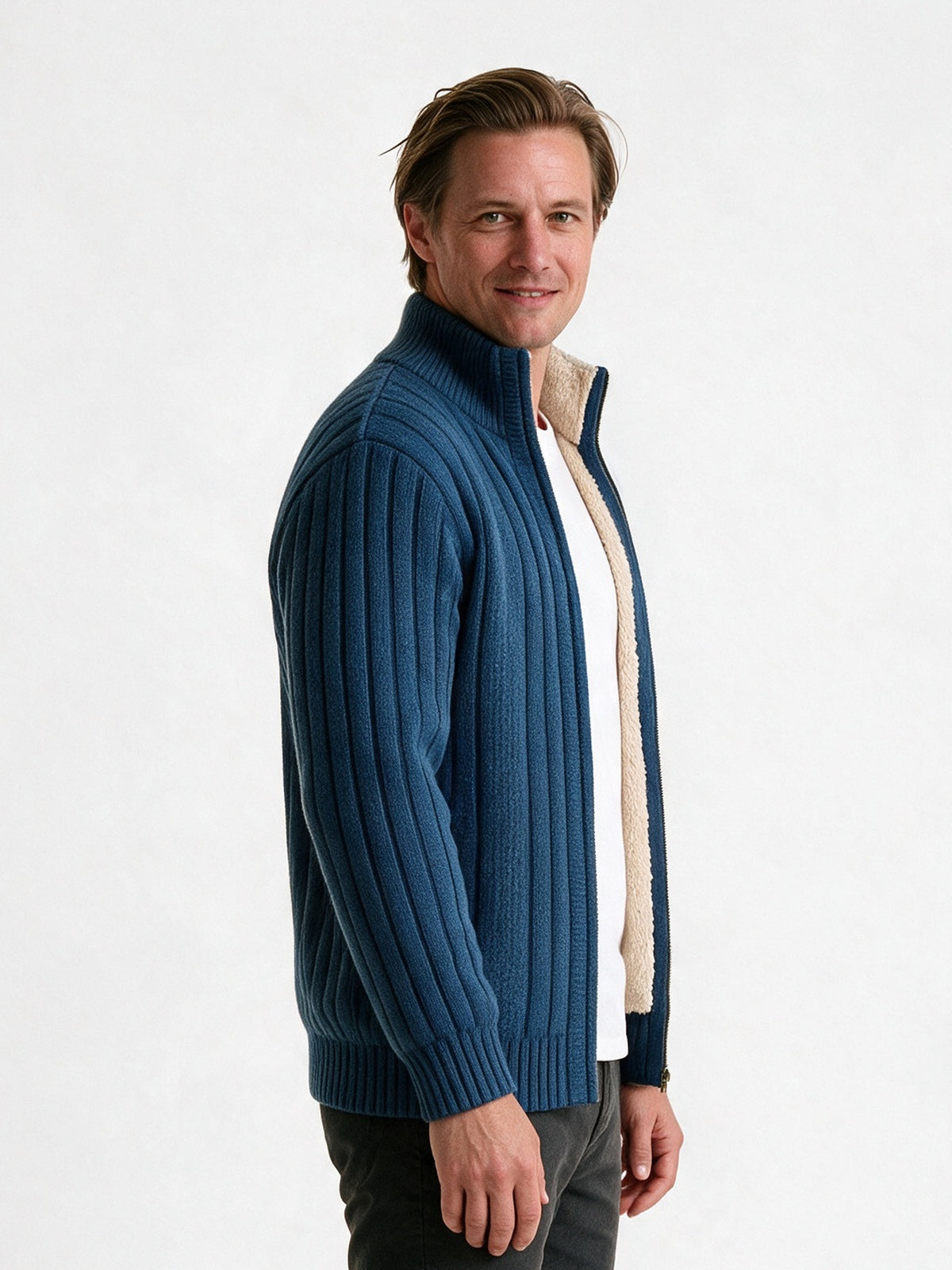 Lachlan - Men's Ribbed Full Zip Cardigan with Stand Collar - view 2