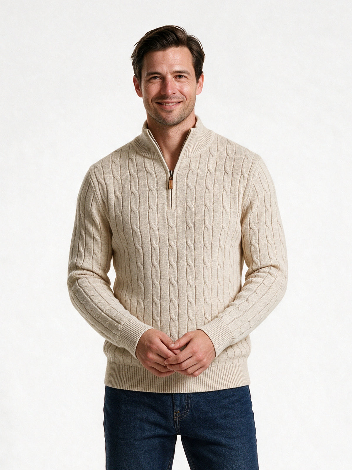 Lars - Men's Cable Knit Quarter Zip Sweater - Beige