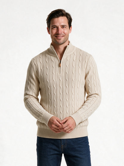 Lars - Men's Cable Knit Quarter Zip Sweater - Beige