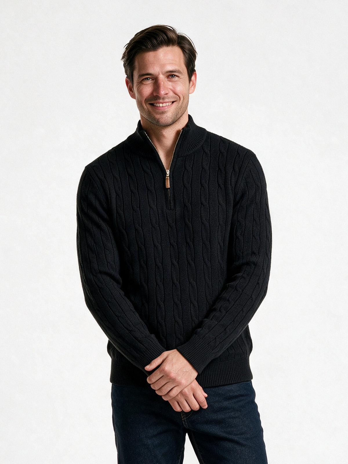 Lars - Men's Cable Knit Quarter Zip Sweater - Black