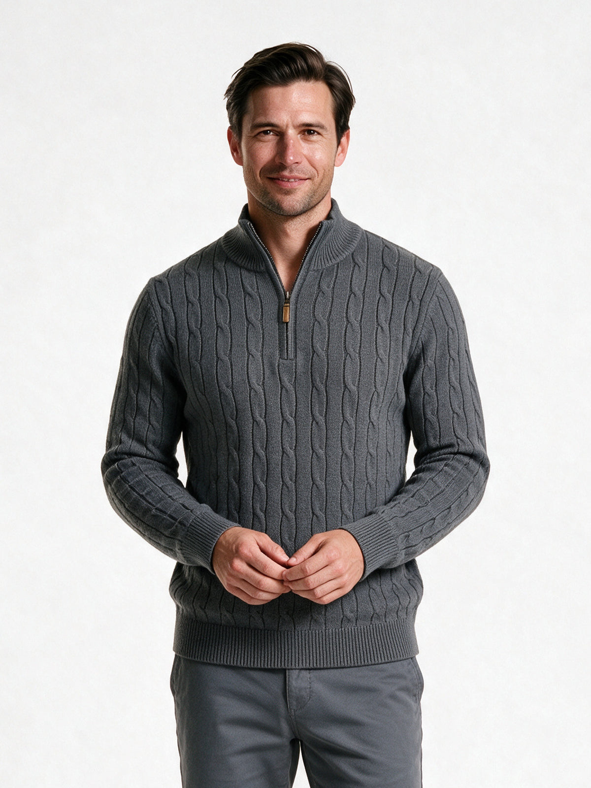 Lars - Men's Cable Knit Quarter Zip Sweater - Dark Grey