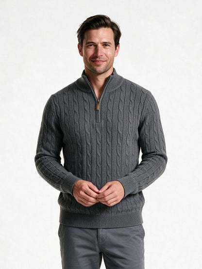Lars - Men's Cable Knit Quarter Zip Sweater - Dark Grey