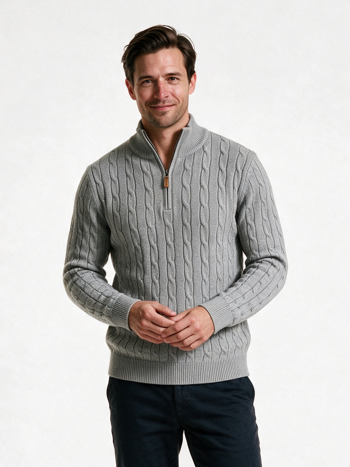 Lars - Men's Cable Knit Quarter Zip Sweater - Light Grey