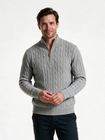 Lars - Men's Cable Knit Quarter Zip Sweater - Light Grey