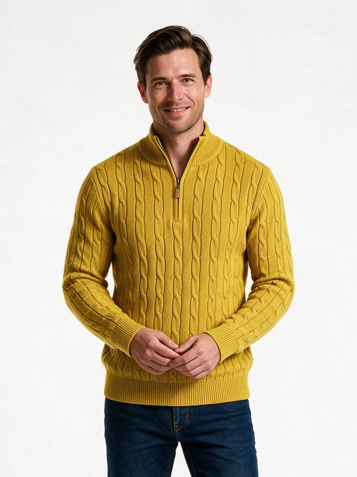 Lars - Men's Cable Knit Quarter Zip Sweater - Mustard