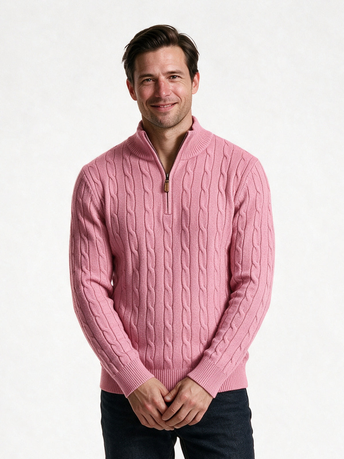 Lars - Men's Cable Knit Quarter Zip Sweater - Pink