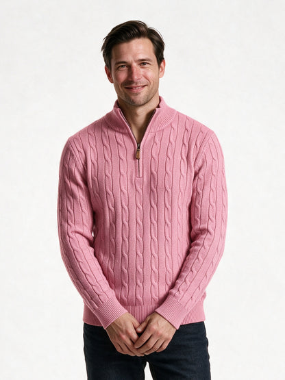 Lars - Men's Cable Knit Quarter Zip Sweater - Pink