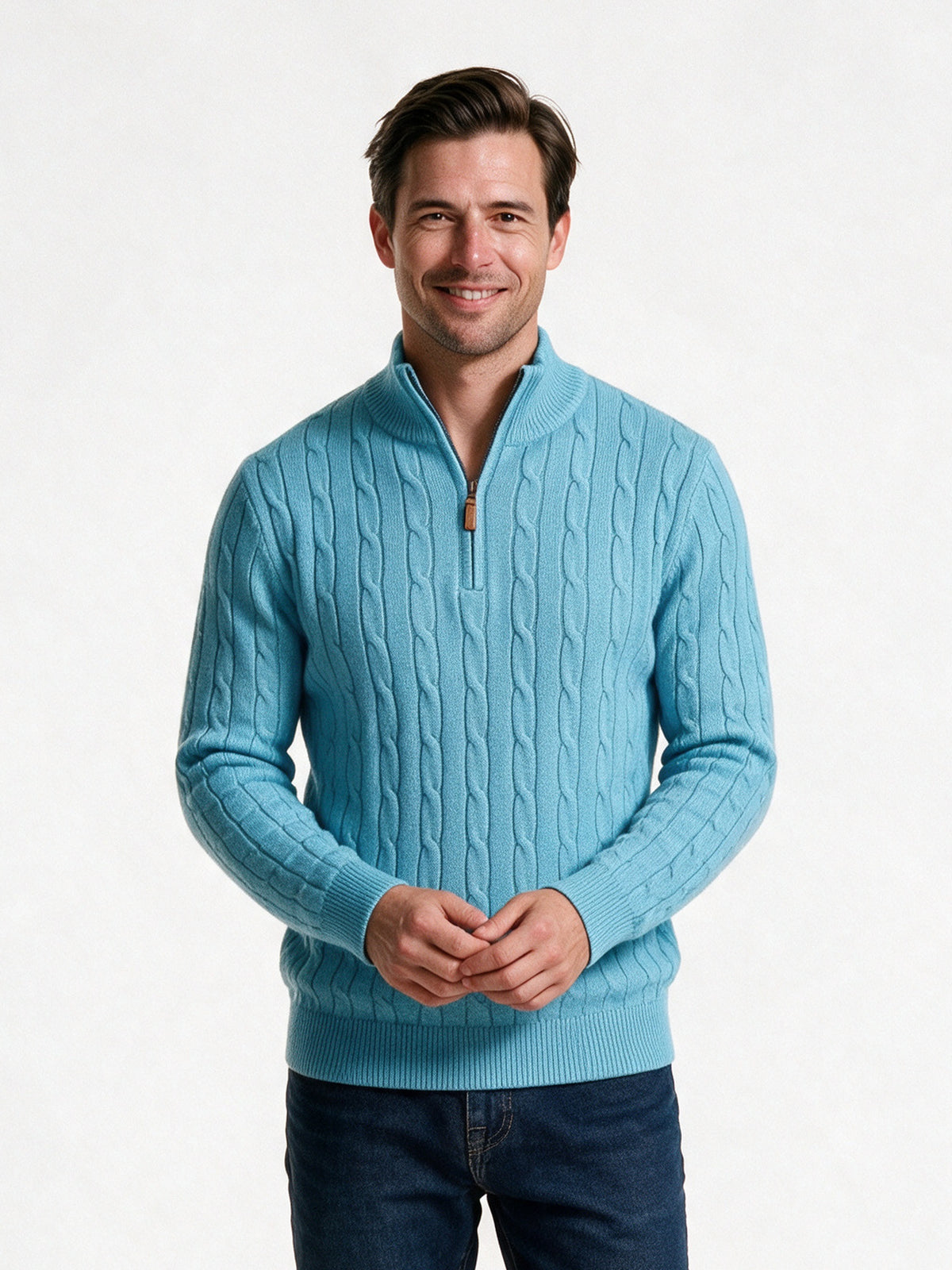 Lars - Men's Cable Knit Quarter Zip Sweater - Sky Blue