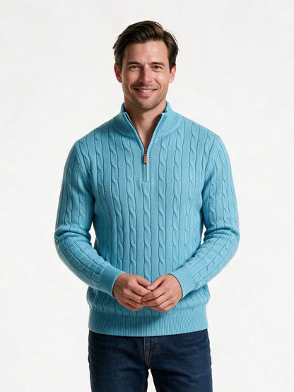 Lars - Men's Cable Knit Quarter Zip Sweater - Sky Blue