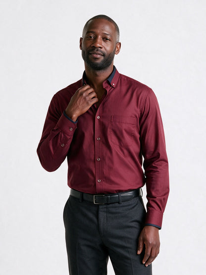 Laurence - Men's Contrast Collar Long Sleeve Dress Shirt - Burgundy