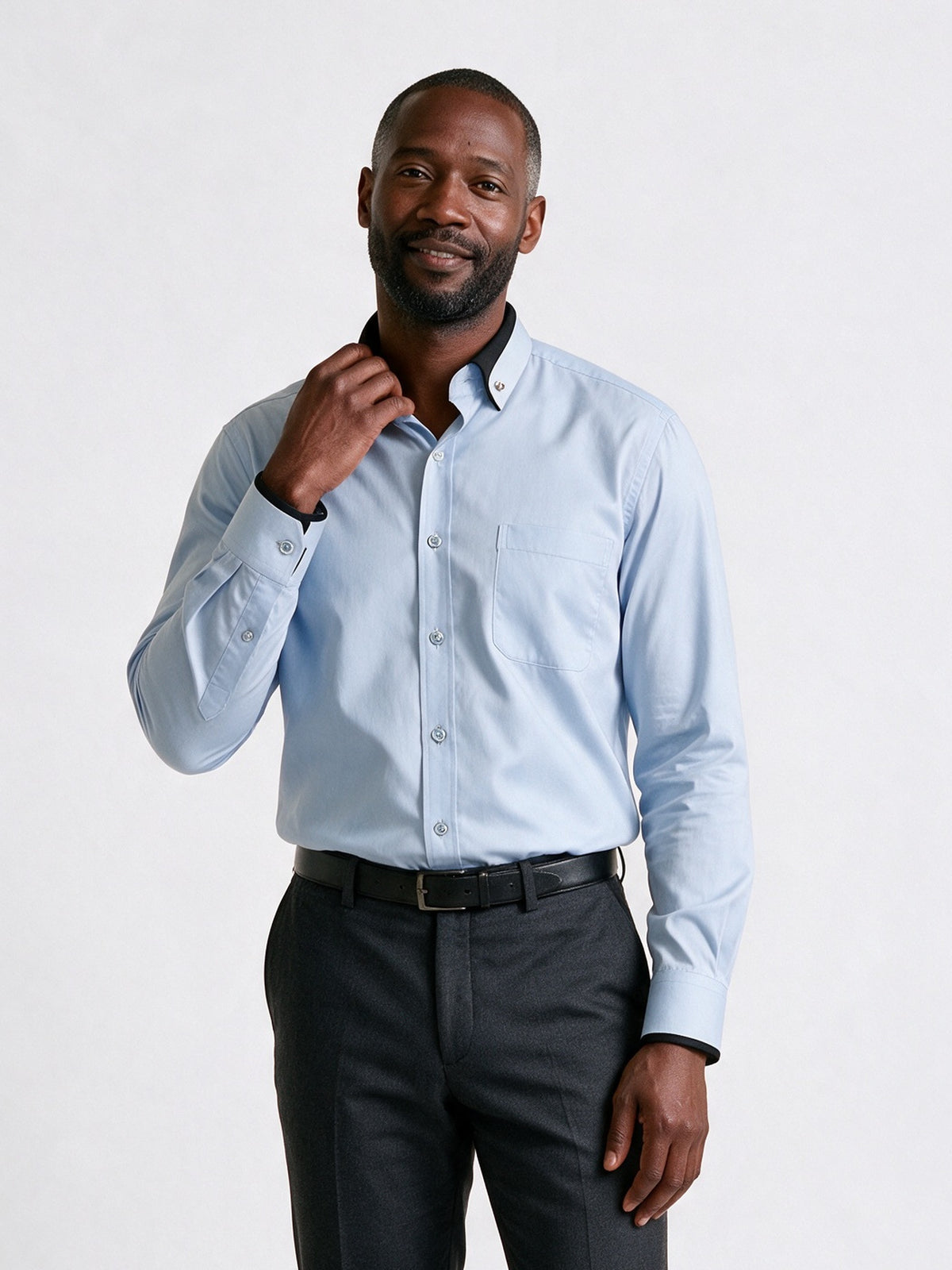 Laurence - Men's Contrast Collar Long Sleeve Dress Shirt - Light Blue