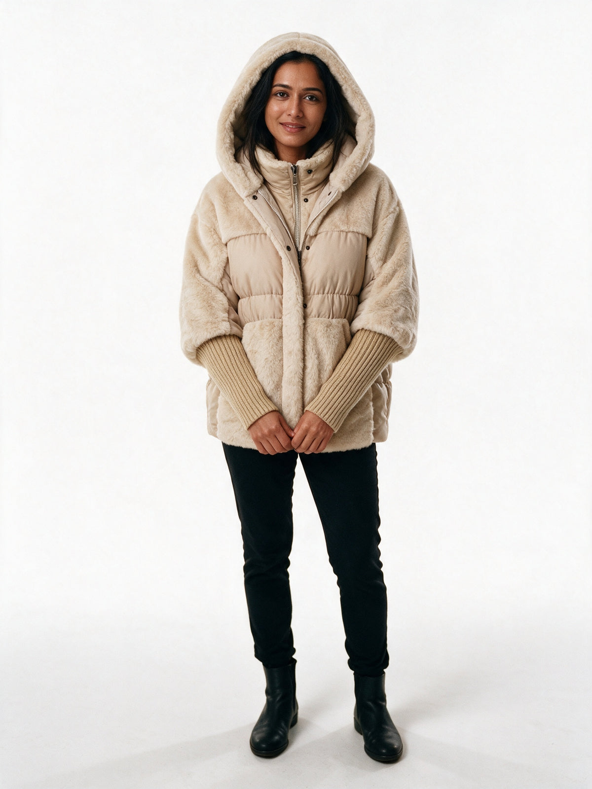 Layla - Plush Panel Hooded Puffer Jacket - Beige