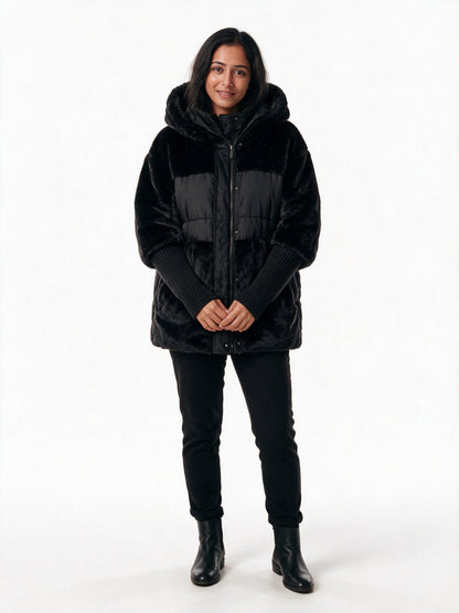 Layla - Plush Panel Hooded Puffer Jacket - Black