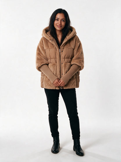 Layla - Plush Panel Hooded Puffer Jacket - Brown