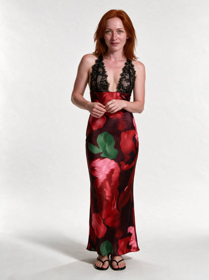 Leonie - Halter Neck Plunge Slip Maxi Dress - Red Rose