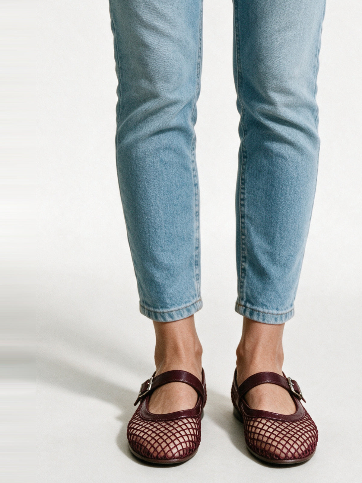 Lilian - Women's Open Net Buckle Strap Ballet Flats - Burgundy