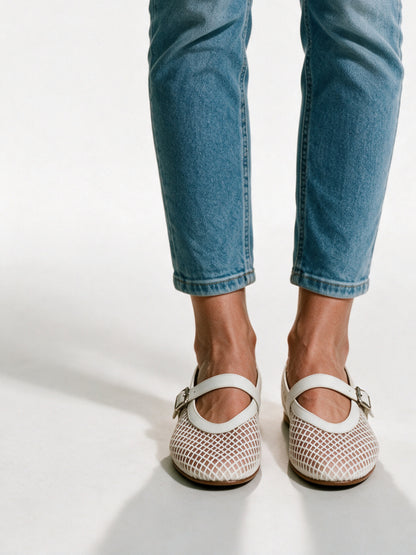 Lilian - Women's Open Net Buckle Strap Ballet Flats - White