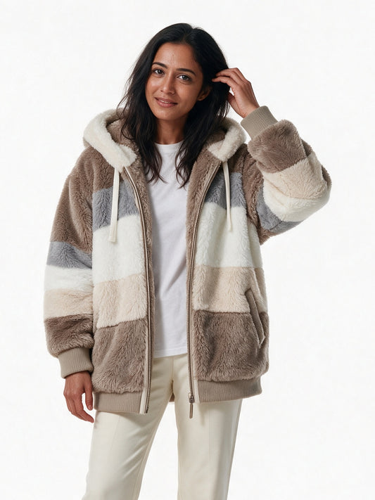 Linnea - Women's Color Block Fluffy Hooded Zip Jacket - view 1