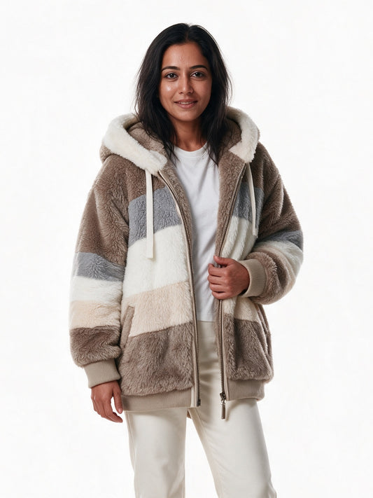 Linnea - Women's Color Block Fluffy Hooded Zip Jacket - view 2