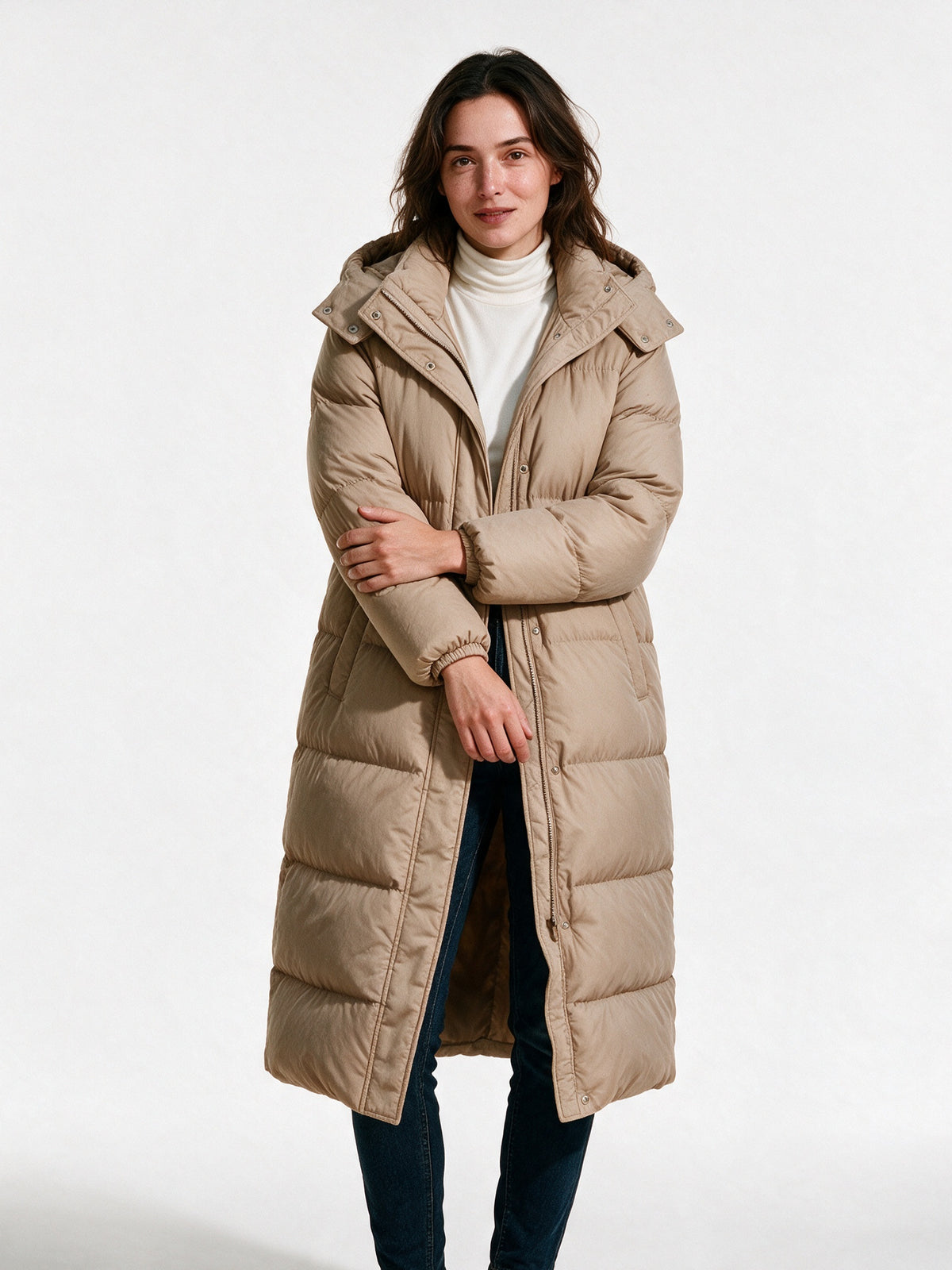 Livia - Women's Long Hooded Puffer Coat - Beige