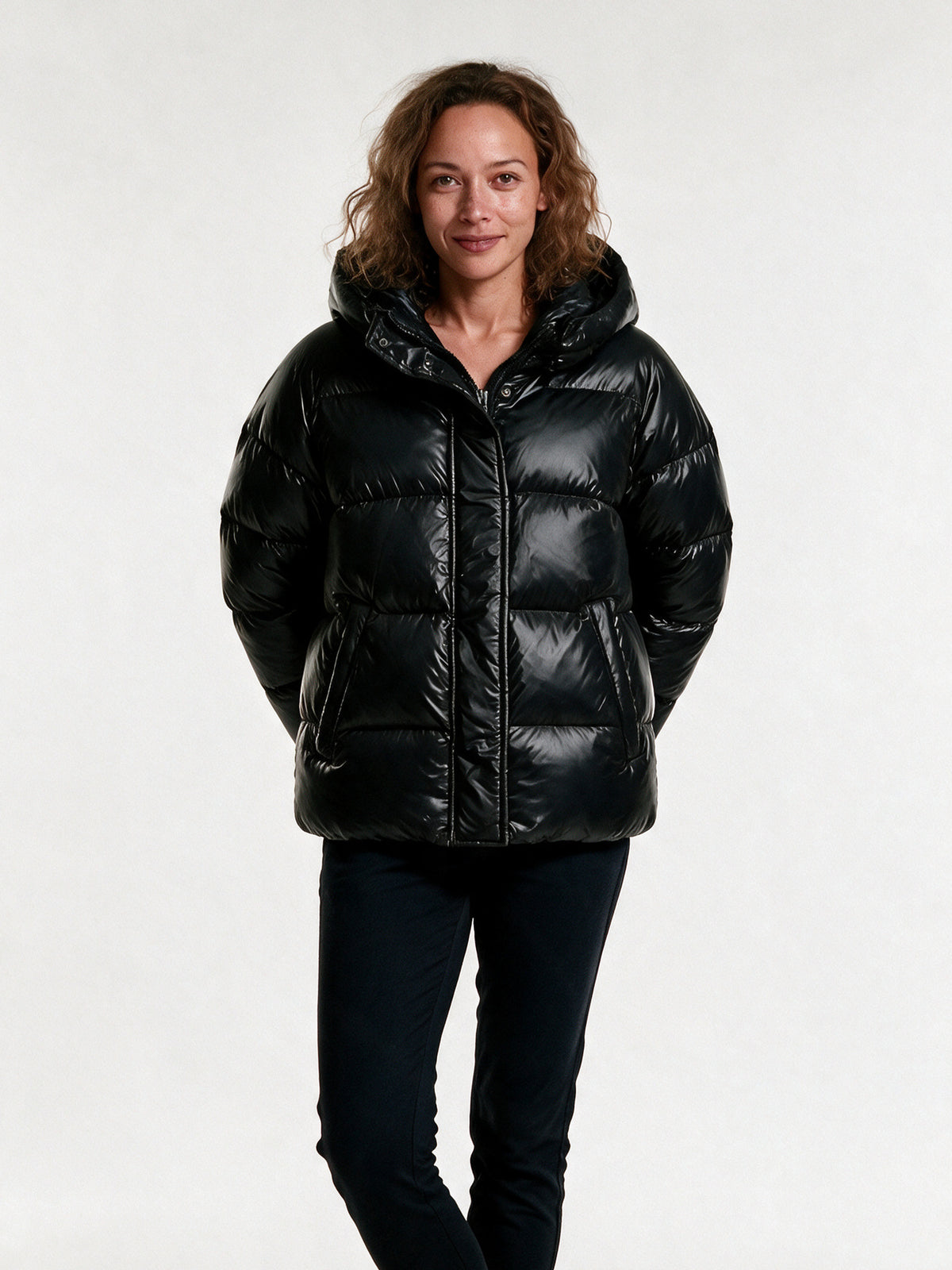 Livia glossy hooded puffer jacket in black, front view