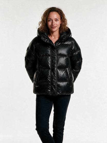 Livia glossy hooded puffer jacket in black, front view