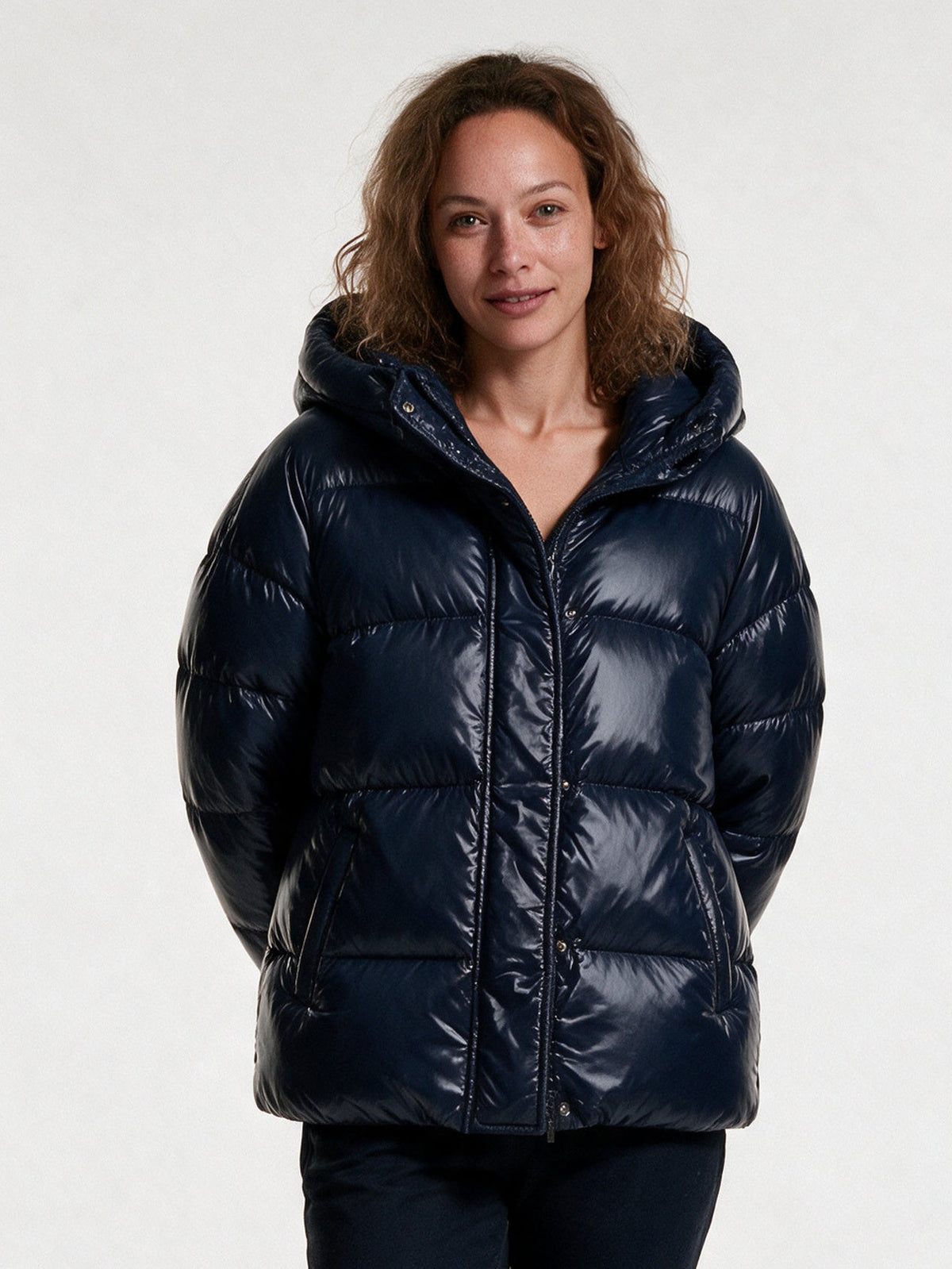 Livia glossy navy hooded puffer jacket, front view on a white studio background