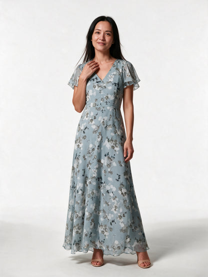 Lola - Floral Flutter Sleeve Maxi Dress for Women - Blue