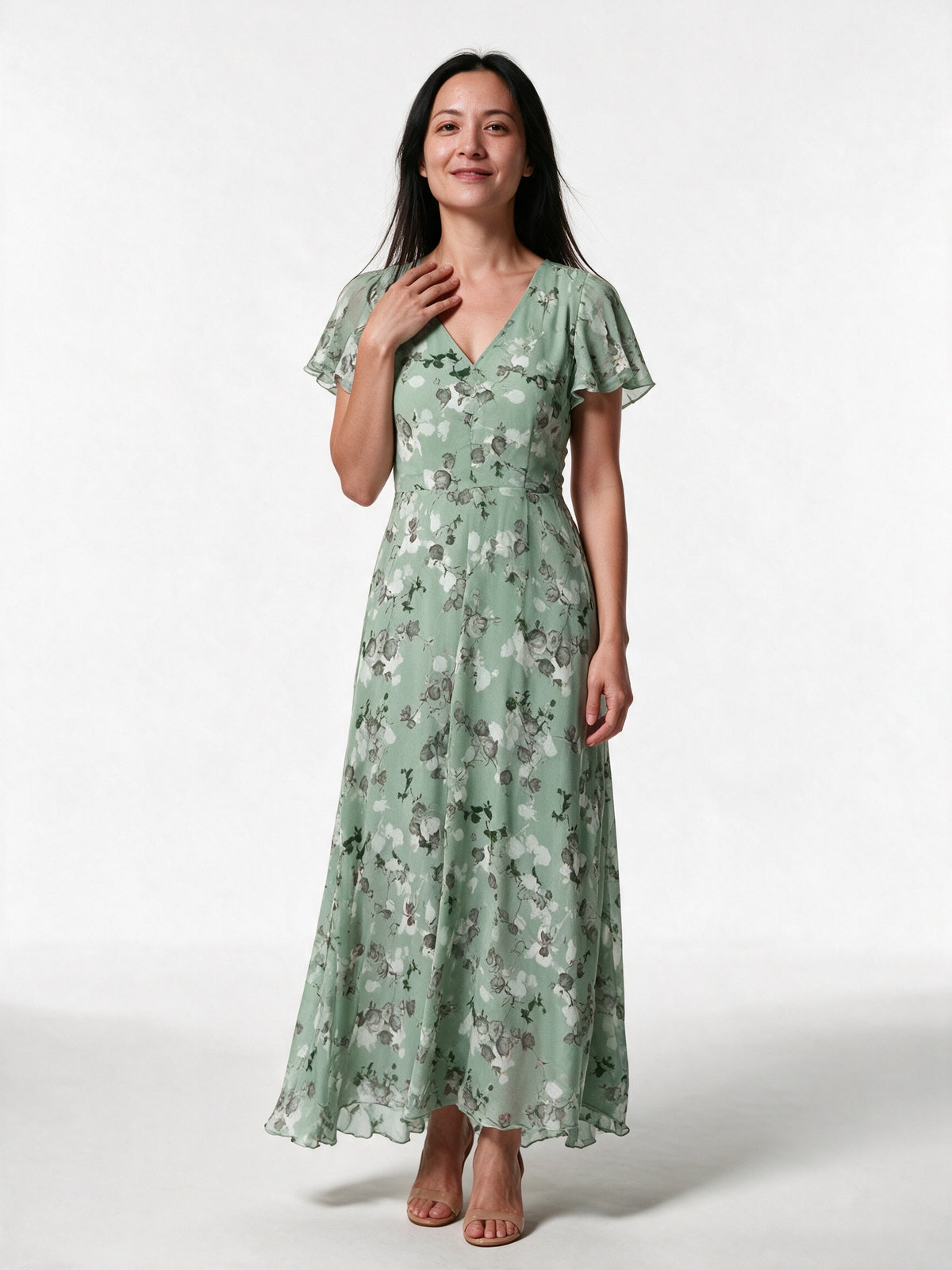 Lola - Floral Flutter Sleeve Maxi Dress for Women - Green