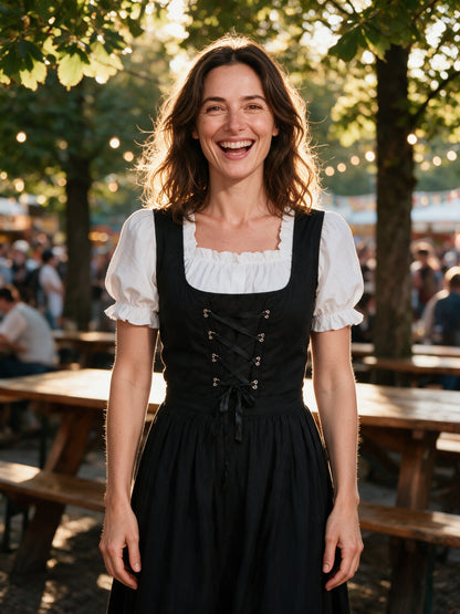 Woman laughing in a Bavarian beer garden wearing the Lorelei black lace-up dirndl