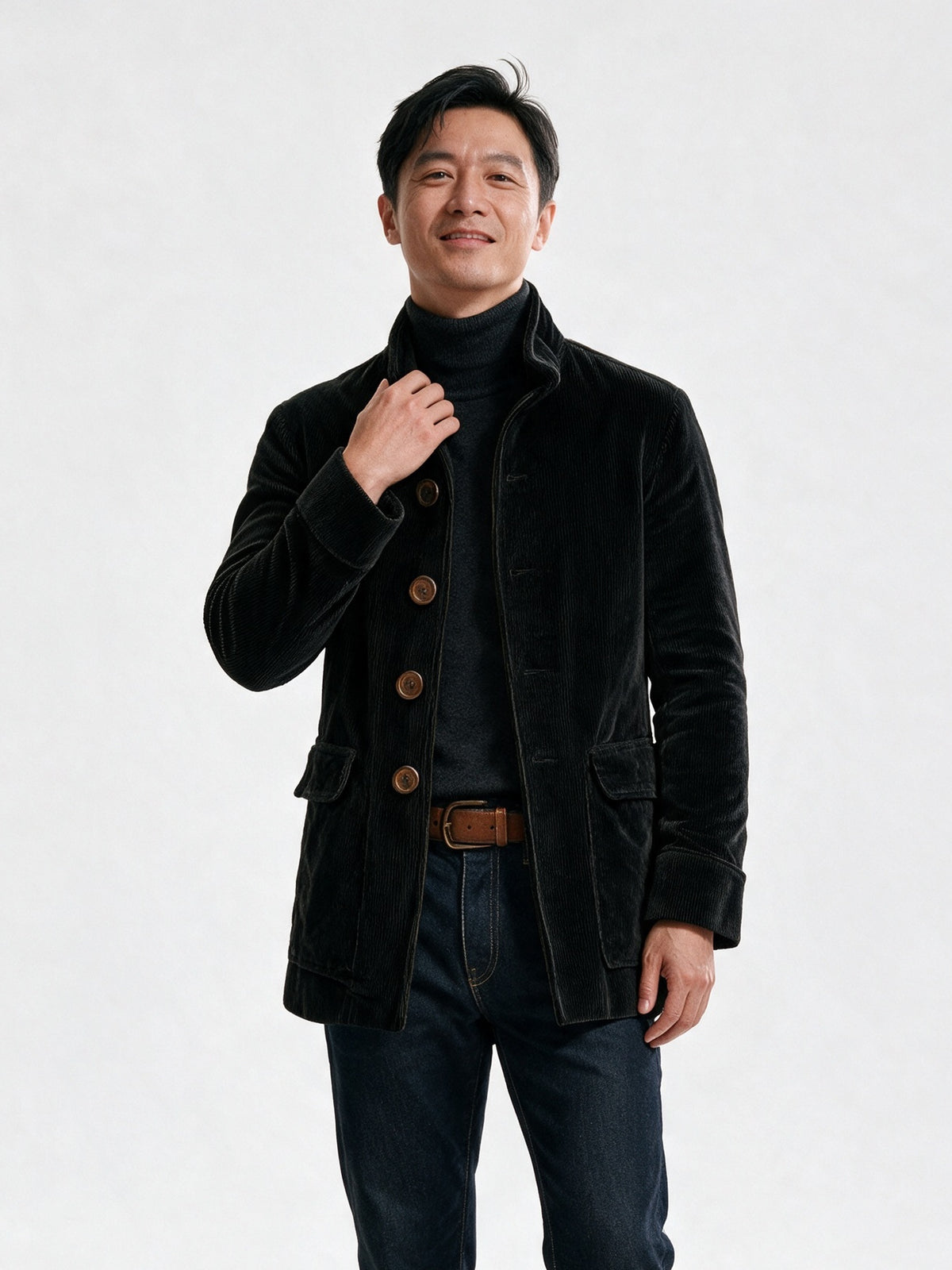 Lorenzo - Men's Stand Collar Ribbed Button Front Jacket - Black