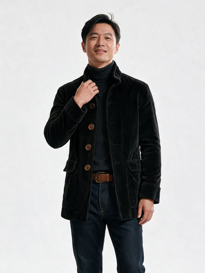 Lorenzo - Men's Stand Collar Ribbed Button Front Jacket - Black