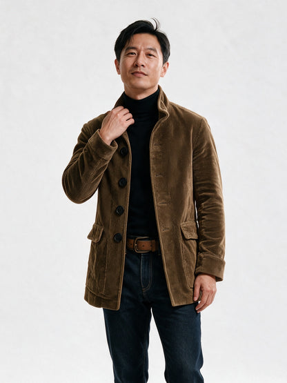 Lorenzo - Men's Stand Collar Ribbed Button Front Jacket - Brown