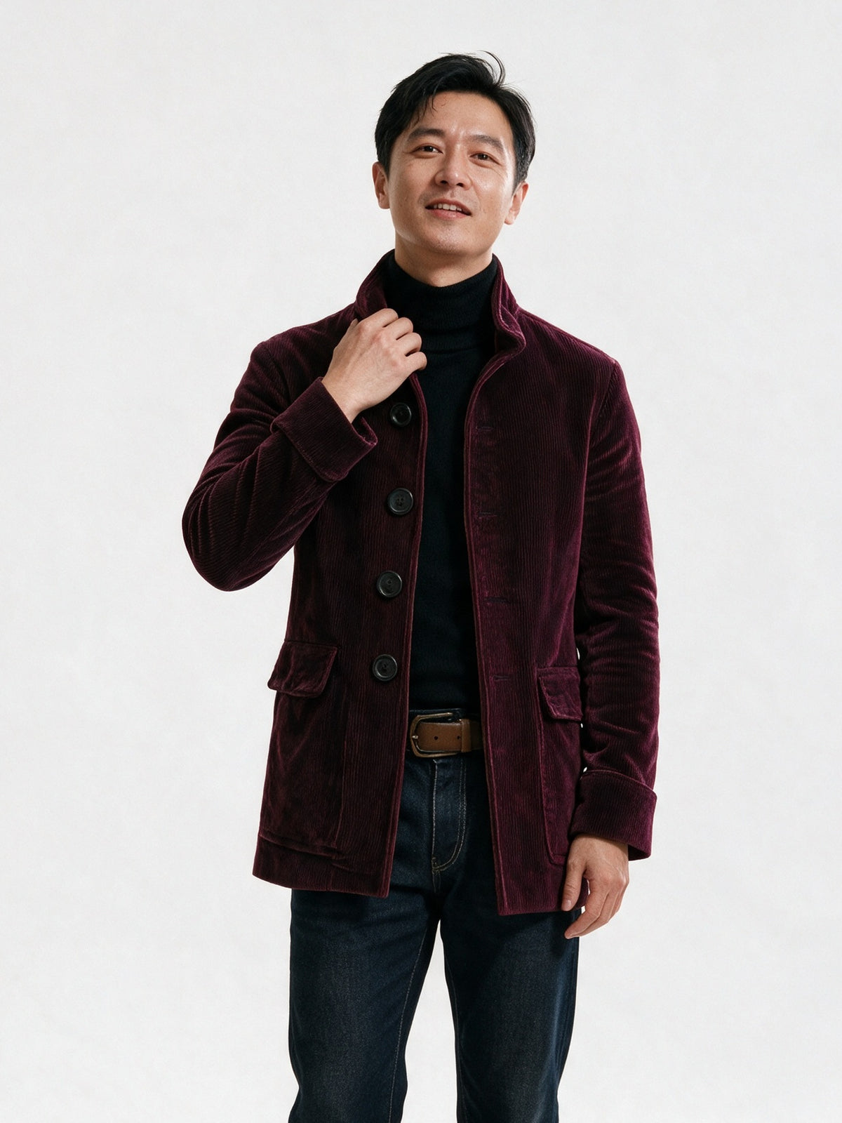 Lorenzo - Men's Stand Collar Ribbed Button Front Jacket - Burgundy