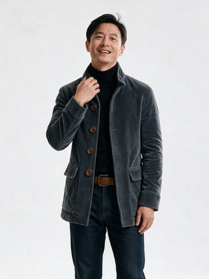 Lorenzo - Men's Stand Collar Ribbed Button Front Jacket - Gray
