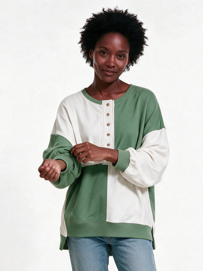Luiza - Women's Color Block Henley Oversized Sweatshirt - view 1