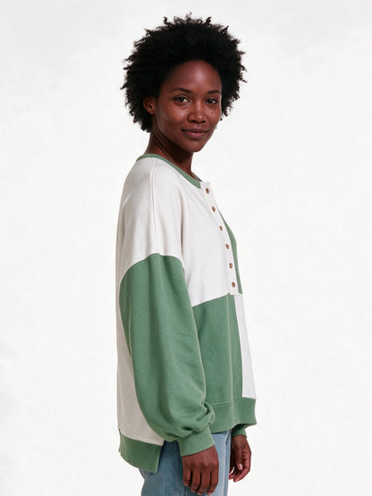 Luiza - Women's Color Block Henley Oversized Sweatshirt - view 2