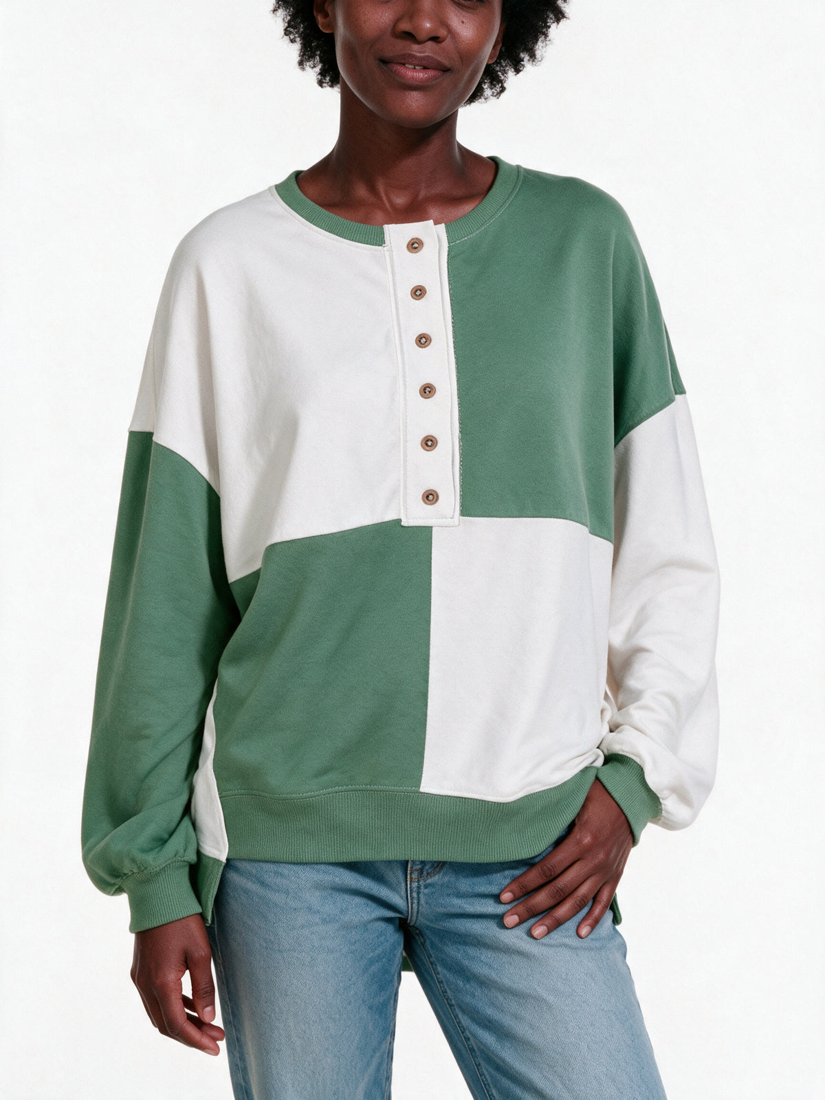 Luiza - Women's Color Block Henley Oversized Sweatshirt - view 3