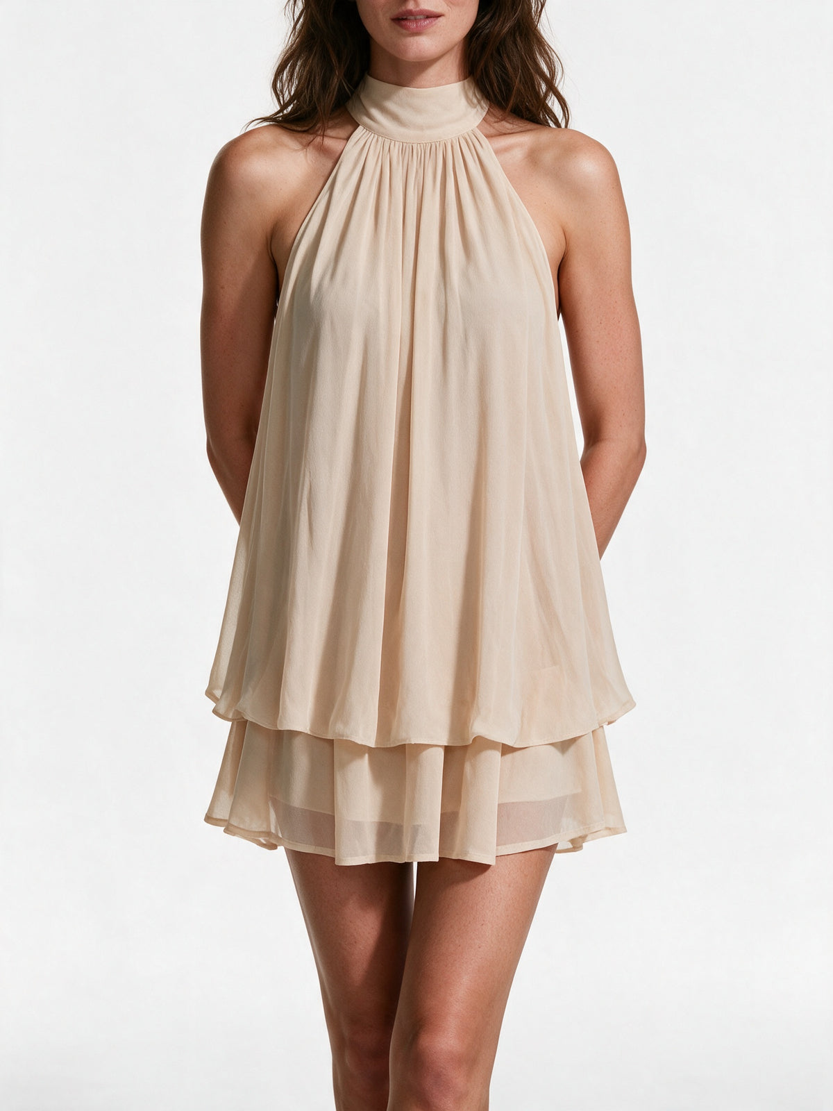 Maelle - Women's High Halter Neck Tiered Ruffle Mini Dress - view 3